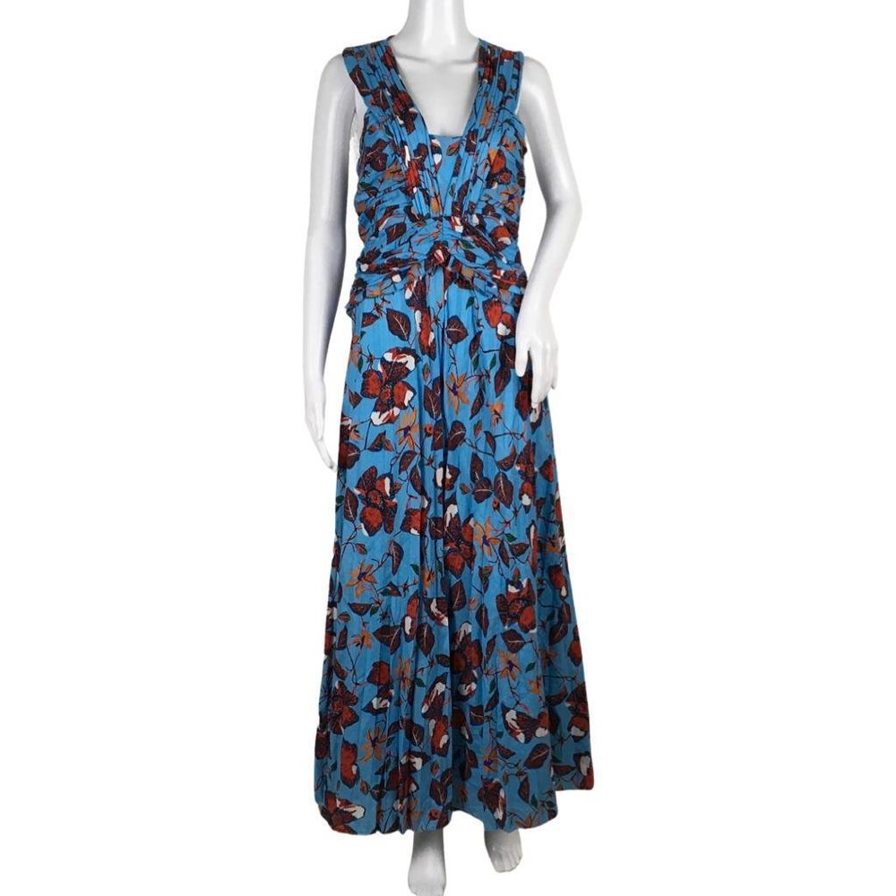 NWT Derek Lam 10 Crosby Women’s Stamped Maxi Ruched Pleated Dress Blue Sz 14
